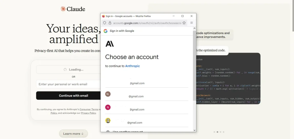 Claude에서 Gmail 계정 선택